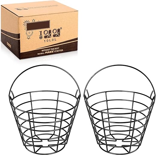 10L0L Golf Ball Metal Basket, 2 PCS Golf Ball Bucket Container with Handle, Strong Storage Capacity- Black (Golf Balls NOT Include)