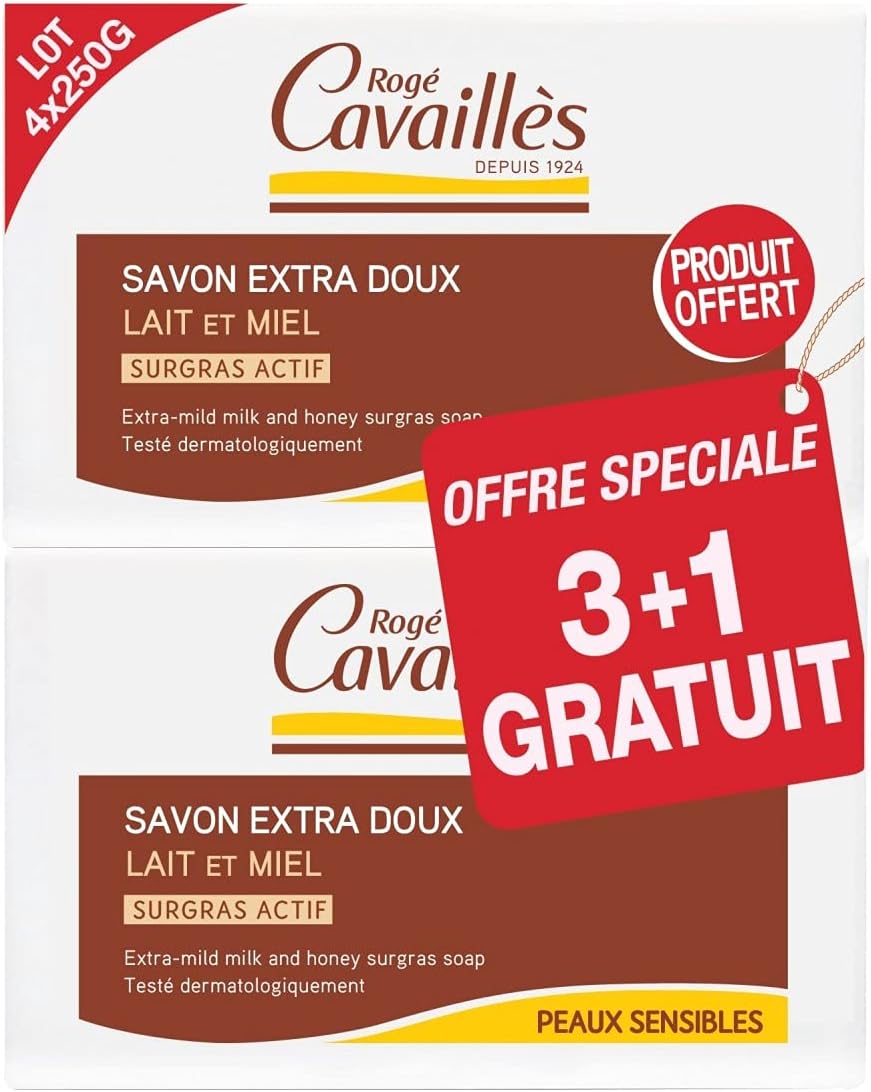 ROGE CAVAILLES Savon Surgras Extra-Doux Lait de Miel (Lot de 3 + 1 OFFERT)