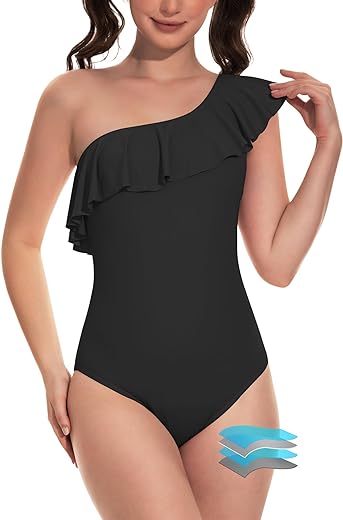 Beautikini Period Swimwear One Piece Menstrual Leakproof Period Swimsuit One Shoulder Ruffle Bathing Suits for Girls Teens