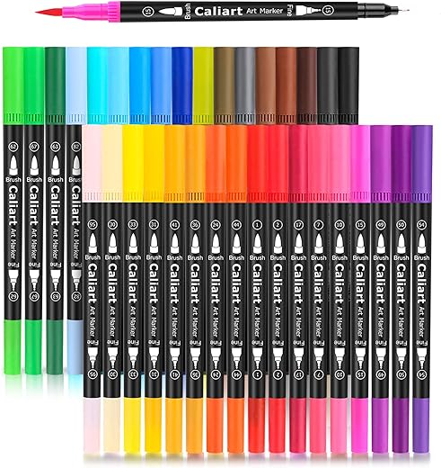 Caliart 34 Double Tip Brush Pens Art Markers, Artist Fine & Brush Pen Coloring Markers for Kids Adult Book Halloween Journaling Note Taking Lettering Calligraphy Drawing Art Craft Supplies Kit