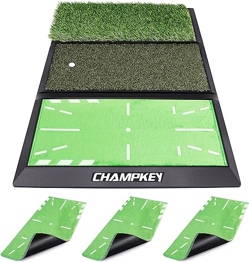 CHAMPKEY High-Performance Golf Mat with 3 Replaceable Impact Pads - Premium Nylon Fairway Turf and Rough Turf Golf Hitting Mat - Swing Path Feedback Golf Practice Mat