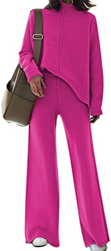 Fixmatti Women Knitted Outfits High Neck Sweater Wide Leg Pant Set 2 Pieces Sweatsuit