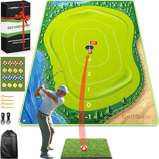 Golfguru Golf Chipping Game, 3 in 1 Golf Chipping Game Mat with Golf Mat, 16 Golf Balls, 4 Ground Stakes, Indoor Golf Game for Adults Kids, Golf Training Equipment, Golf Gifts Accessories for Men