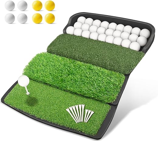 Golfguru Golf Mat, Foldable 4-in-1 Golf Hitting Mats Practice with Ball Tray, 8 Golf Balls, 9 Golf Tees, Rubber Tee, Golf Hitting Training Aids for Backyard Driving Chipping Indoor Outdoor Training