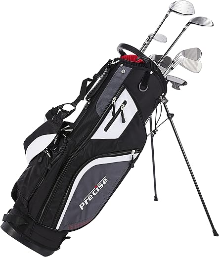 Precise M5 Men's Complete Golf Clubs Package Set Includes Titanium Driver, S.S. Fairway, S.S. Hybrid, S.S. 5-PW Irons, Putter, Stand Bag, 3 H/C's