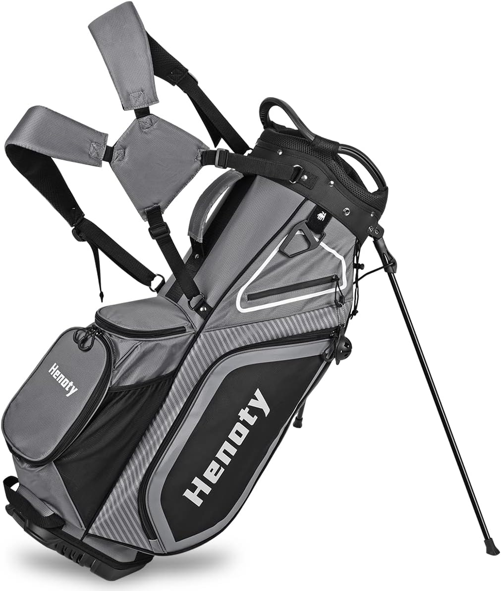 Sac de golf Henoty Stand Bag 14 diviseurs Ergonomique, léger avec support, 8 poches, pochette réfrigérante, housse poussière, bretelle sac à dos et diviseurs supérieurs