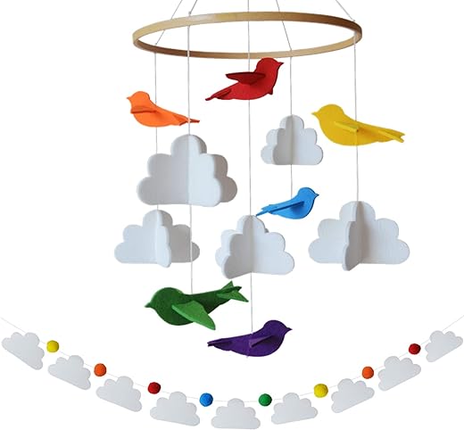 Sorrel + Fern Baby Crib Mobile (Rainbow Birds in The Clouds, w/Garland) - Felt Nursery Ceiling Decoration and Baby Shower for Girls & Boys