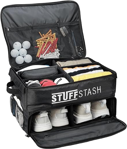 STUFFSTASH Golf Trunk Organizer - With Shoe Compartments, Dividers, Storage for Tees, Gloves, Balls and More - Store Accessories in Your Car or SUV - Golfer Gift Essentials for Men and Women