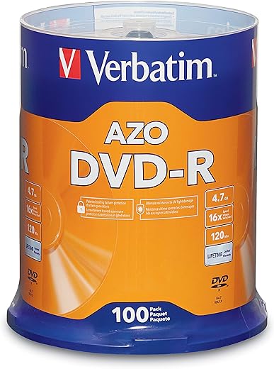 Verbatim DVD-R Blank Discs AZO Dye 4.7GB 16X Recordable Disc - 100 Pack Spindle Frustration Free Packaging