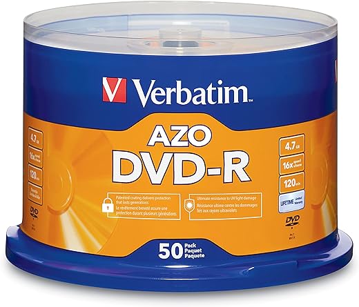 Verbatim DVD-R Blank Discs AZO Dye 4.7GB 16X Recordable Disc - 50 Pack Spindle,Silver