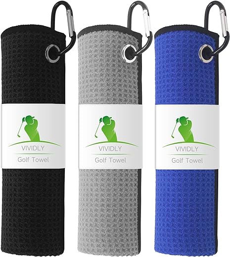 VIVIDLY 3 Pack Golf Towels, Microfiber Waffle Pattern - Black, Blue and Gray