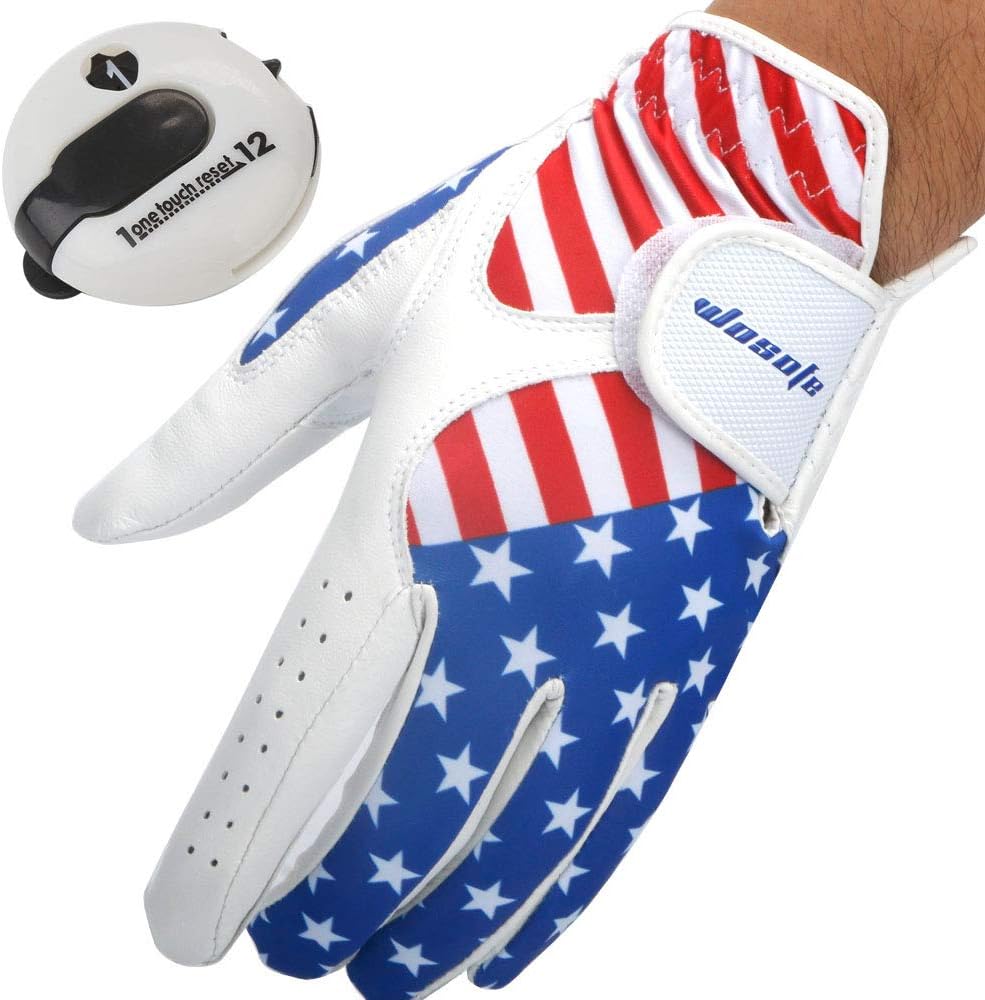 wosofe Golf Gloves Men's Left Hand Cabretta Leather with Score Counter USA Flag White Soft Breathable Professional Mini