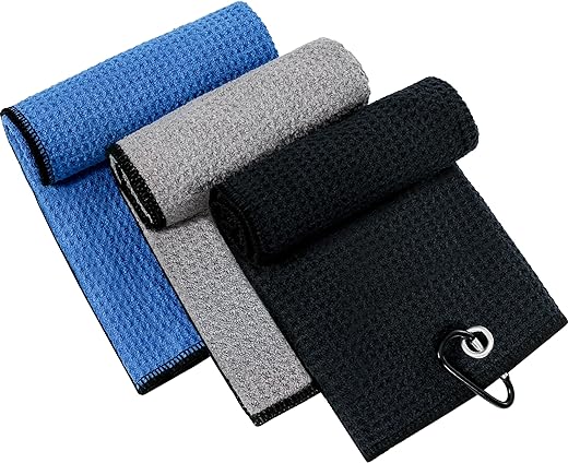 Xgunion 3 Pack Tri-fold Golf Towel for Golf Bags with Carabiner Clip, Premium Microfiber Waffle Pattern Golf Towel for Men Women (Black/Gray/Blue)