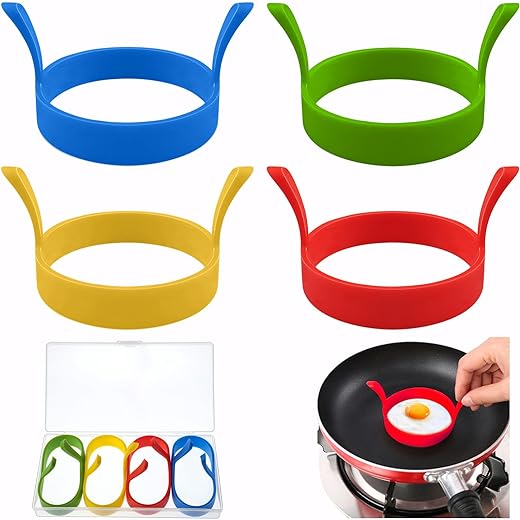 4 PCS Moule Oeuf Au Plat, 8cm Moule à Oeufs en Silicone Moule a Pancake Emporte Piece Oeuf au Plat pour Hamburgers Patty Desserts (Bleu&Jaune&Vert&Rouge)