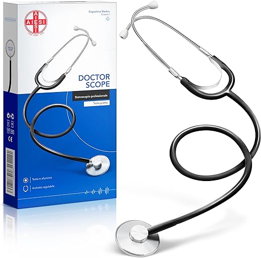 AIESI® Stetoscope adulte professionnel à tête plate couleur noire DOCTOR SCOPE, Garantie 24 mois