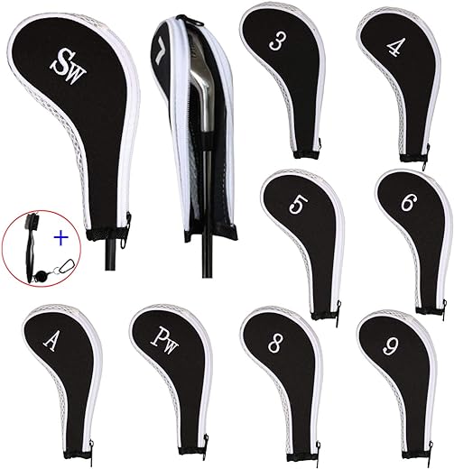 EDATOFLY 10 Pièces Capuchon de Golf Protection Club Golf avec Couvre Fer Golf, Long Cou Impression de Numéro et 1 Pièce Clubs de Golf Brosse