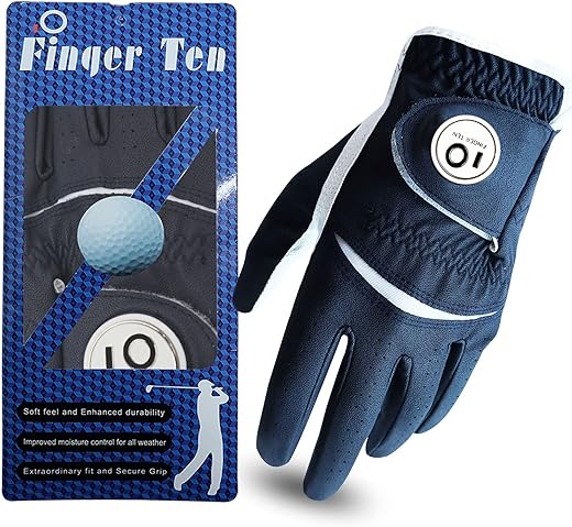 FINGER TEN Gant De Golf Homme Main Gauche Droite Cuir avec Marqueur De Balle Value Pack, Gants Durable Doux Confortable Flexible S M ML L XL Bleu Foncé Rouge Marron