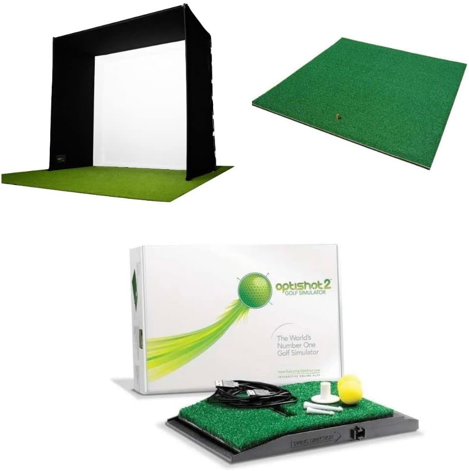 GolfBaysUK Optishot 2 Golf Simulator Bundle – Vous obtenez une enceinte de golf profonde, un tapis de golf de 1,5 m x 1,5 m, un simulateur de golf Optishot2 – Pour la maison – Forfait train à domicile