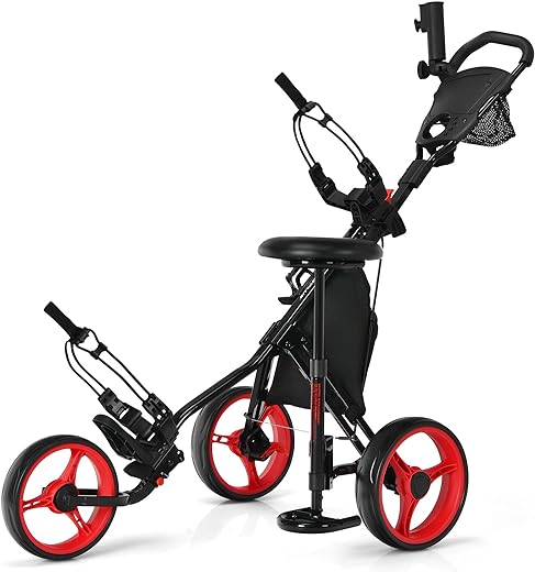 GOPLUS Chariot de Golf à 3 Roues,Voiturettes Golf à 3 Roues Pliable,Pousser Tirer Deluxe,Chariot De Golf Manuel,Ouverture Facile (130x75x98.5-115,5cm[avec siège])