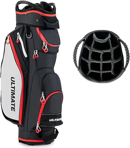 GYMAX Sac pour Chariot de Golf, Grande Capacité avec 14 Compartiments, 8 Poches, Sac pour Golf avec Capuchon de Pluie, Bandoulière