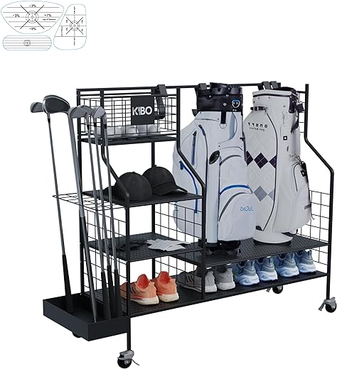 KIBO Organiseur de golf – Support de rangement de golf, noir avec roulettes, club de golf et sac de rangement, présentoir de garage pour accessoires de golf, y compris autocollants d'impact de golf