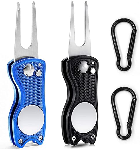 Kiuiom Relève Pitch Golf, Fourchette de Golf,Pliant Fourche de Golf en Acier Inoxydable avec Magnétique,Golf Divot Tool pour Accessoires de D'entraînement de Golfeur Couteau Pliant