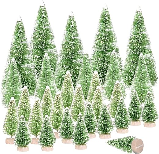 MEJOSER 30 PCS Mini Sapin de Noël Artificiel Arbre de Noël Base en Bois pour Noël DIY Vitrine Table Décoration (Vert)