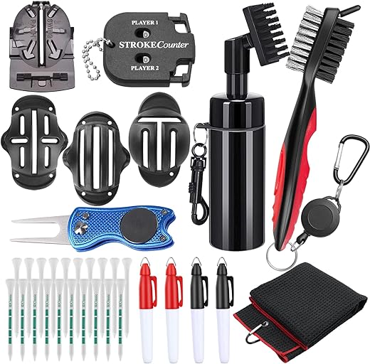 Yumzeco 33pcs Accessoires de Golf, Golf Brosse Nettoyage Club, Golf Chiffon en Microfibre, Golf Tees, Golf Outil Divot, Golf Outil d'Alignement de Balle, Golf Stylo Marqueur, Golf Mini Compteurs Score