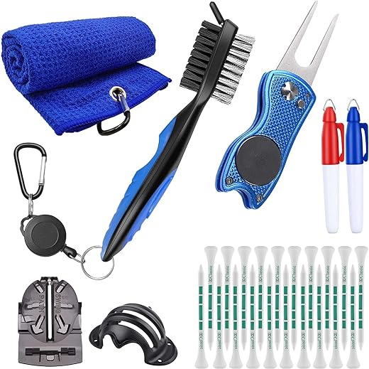 Yumzeco Kit De Nettoyage pour Club De Golf,Brosse De Nettoyage pour Rainures De Club De Golf,Serviette De Golf en Microfibre,20 Tees De Golf,Outil De Divot De Golf,Outil De Marquage De Balle De Golf