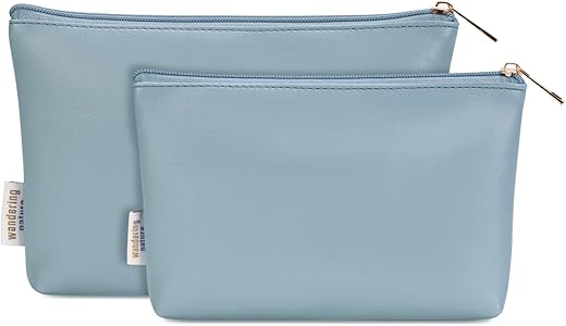 2 Pièces Petit Pochette Trousse de Maquillage avec Fermeture Éclair Sac à Cosmétiques Hydrofuge en Cuir Végétalien pour Voyage, Bleu (Brevet en Instance)