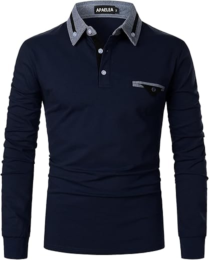 APAELEA Polo de Golf à Manches Longues Homme Coton Contrasté Plaid épissure Lattice Tennis Shirt