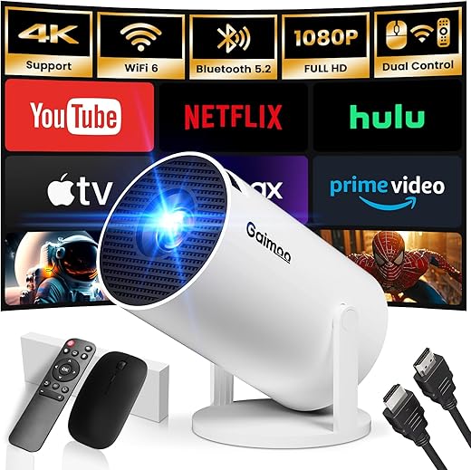 [App intégrée] Vidéoprojecteur 1080P FHD 4K 2025 Rétroprojecteur Portable Mini Projecteur Dual Contrôle avec Souris Android TV WiFi 6 BT5.2 180° Rotation HDMI/TV Stick/USB/PS5, avec HDMI et Souris