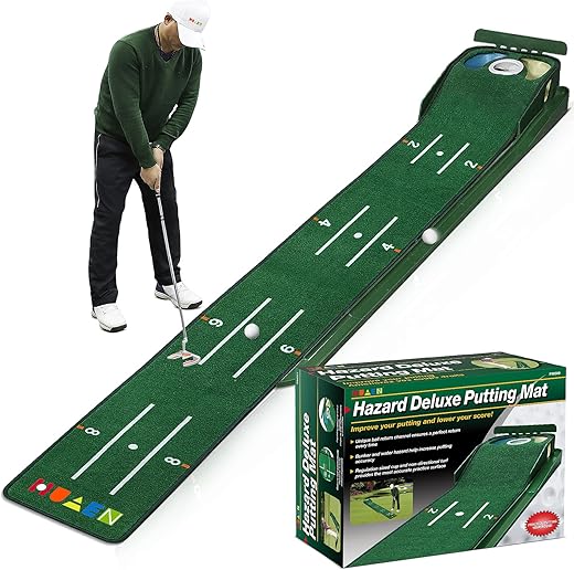 HUAEN Tapis de golf vert pour l'intérieur, tapis de golf avec retour de balle et 3 trous, équipement d'entraînement et d'entraînement de golf à la maison ou au bureau, accessoires cadeaux de golf pour