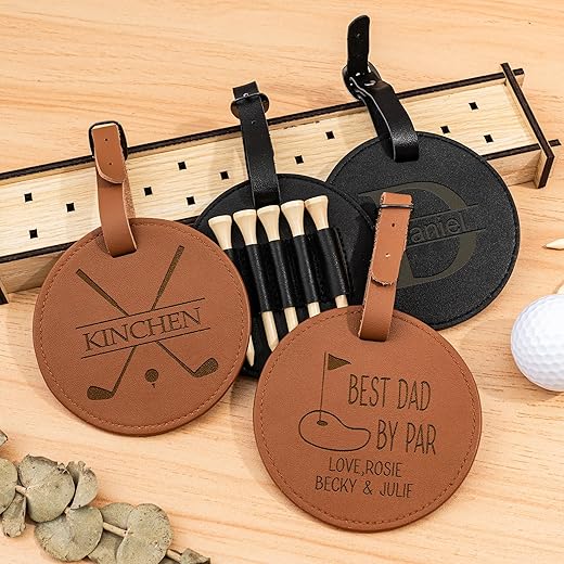 KEMEILA Etiquette de Sac de Golf en Cuir personnalisé avec Tees de Golf, Porte Tee de Golf gravé avec Valeur de Golf en Bois 1 Set, Cadeau en Cuir personnalisé pour Golfeur