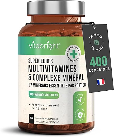 Multivitamines et Minéraux 400 Comprimés Multivitamines Femme/Homme, Complement Alimentaire Vitamine Fatigue Intense, Immunité Adulte, Cure Vitamine Adulte Vitamines Minéraux et Compléments VitaBright