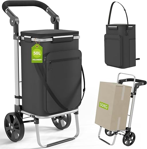 MYHMCT 3in1 Chariot de Courses, 50L Chariot à provisions avec Compartiment réfrigéré Caddie de Courses Pliable Caddy de Courses à roulettes Cadre en Aluminium Sac Amovible Chariot à provisions Noir