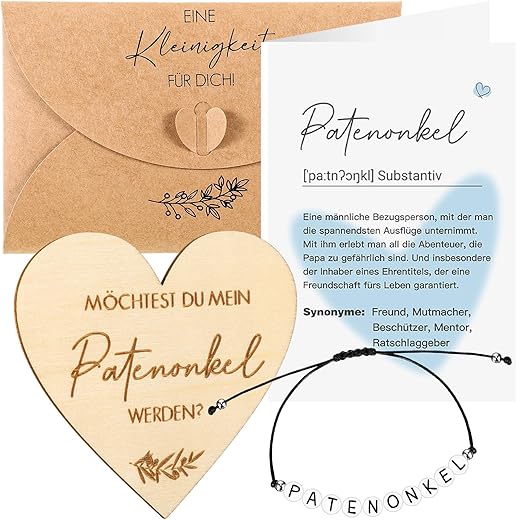 Neer Cadeau pour Parrain Möchtest du Meine Patenonkel Werden Contenir Bracelet avec Alphabet Patenonkel Panneau en Bois en Forme de Coeur Carte de Définition de Parrain et Enveloppes pour Ami