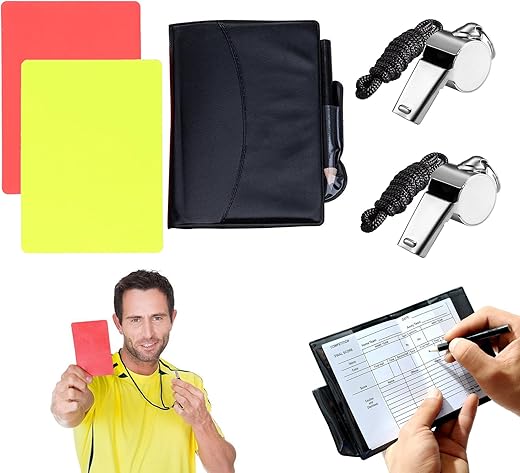 Olakin Set D'Arbitrage Football, Carton Arbitre Footballde Cartons Rouge et Jaune, avec Carnets Scores Crayon et 2 Sifflets en Acier Inoxydable, Idéal pour Les Entraîneurs, Arbitres et Officiels