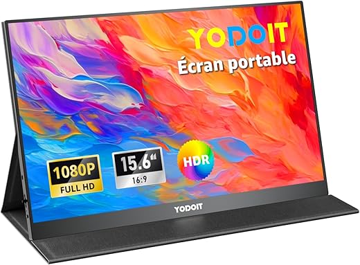 Yodoit Écran Portable 15,6" 1920 × 1080 FHD Moniteur IPS 100% SRGB Display HDMI USB Type C avec Haut-parleurs Intégrés pour PC/MacBook/Xbox/PS4 5/TV